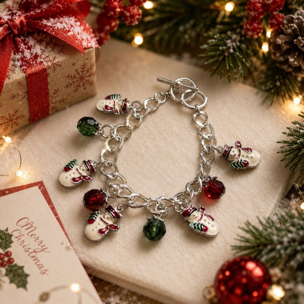 Christmas Snowman Charm Bracelet, Silver Tone, Red Green Beads, Holiday Jewelry